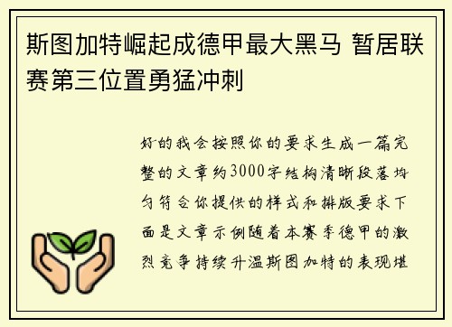 斯图加特崛起成德甲最大黑马 暂居联赛第三位置勇猛冲刺