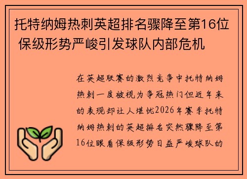 托特纳姆热刺英超排名骤降至第16位 保级形势严峻引发球队内部危机